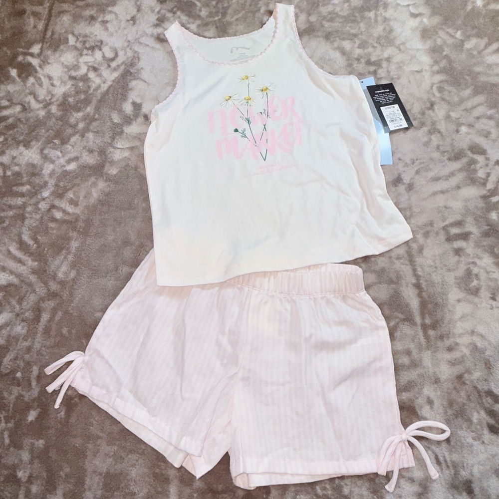 Art Class Pajama Set Kids L 10/12 White Pink NEW Flower‎ Market Daisy Shorts